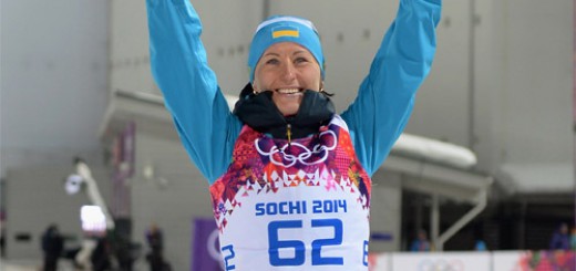 SOCHI, RUSSIA - FEBRUARY 09:  Bronze medalist Vita Semerenko of Ukraine celebrates during the flower ceremony following the Women's 7.5 km Sprint during day two of the Sochi 2014 Winter Olympics at Laura Cross-country Ski & Biathlon Center on February 9, 2014 in Sochi, Russia.  (Photo by Harry How/Getty Images)